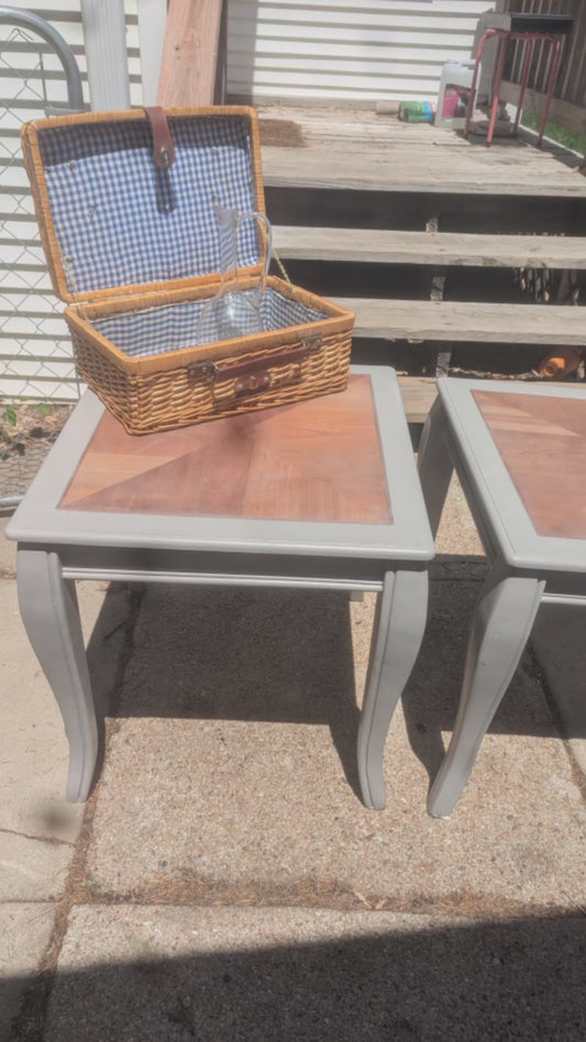Grey and natural wood refinished tables